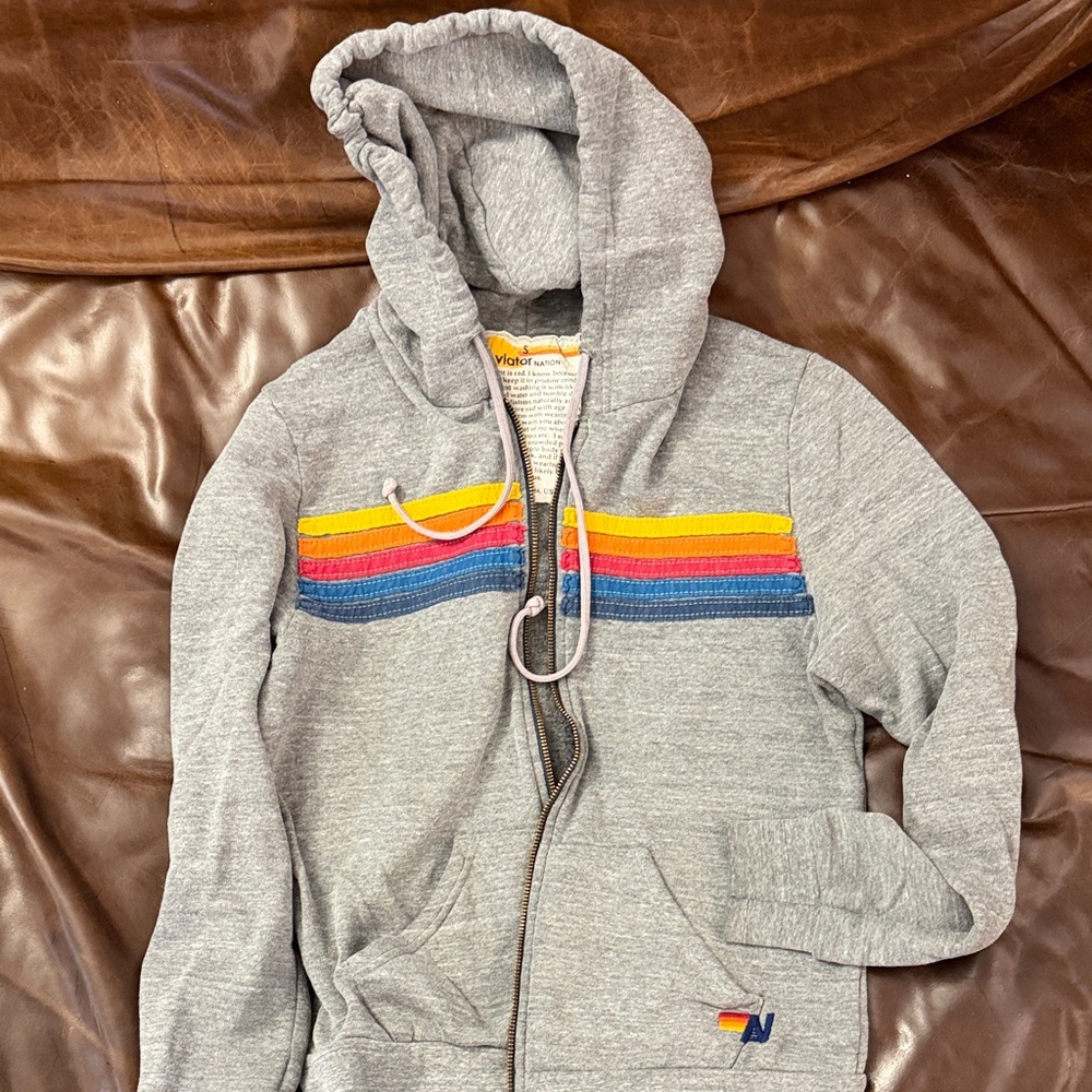 Aviator Nation Gray Hoodie with Rainbow Stripes Size Small